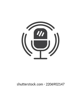 Icono vectorial del micrófono de podcast. signo plano relleno para concepto móvil y diseño web. Icono de glifo de podcast de difusión. Símbolo, ilustración del logotipo. Gráficos vectoriales