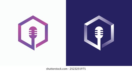 Podcast Mikrofon Vektor Logo Design in Hexagon-Form mit modernen, einfachen, sauberen und abstrakten Stil. Ikone für Business, Unterhaltung, Bildung und persönliches Branding.