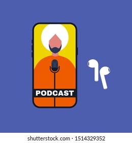 Podcast. Mobile phone display and wireless earphones. A silhouette of male character. Microphone. Modern technologies. Flat editable vector illustration, clip art