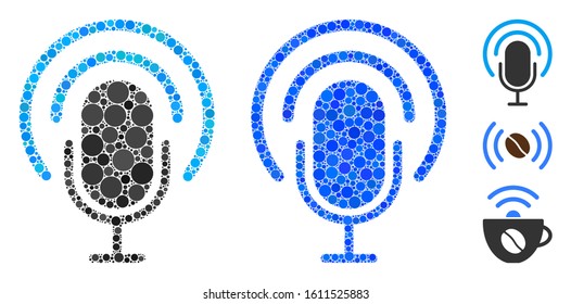 Podcast mosaic of round dots in variable sizes and color tinges, based on podcast icon. Vector round elements are composed into blue collage. Dotted podcast icon in usual and blue versions.