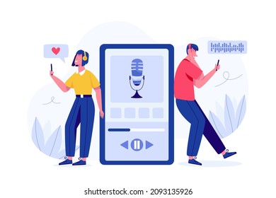 Podcast motivation and inspiration concept. Man and woman listening to audio in headphones, podcast app on smartphone. Phone with mic, buttons and ui sliders. Interface for audio control illustration 