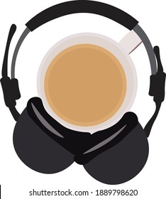 podcast or music, headphone, coffee ilustration vector