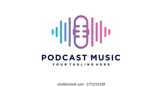 Podcast music logo and business card design, music, podcast, record, line art, company Premium Vector