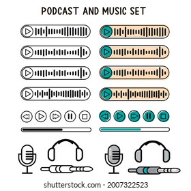 podcast, music and messaging app elements. play, pause, stop, timeline, microphone, headphone and phone plug icons.