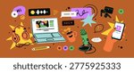 Podcast and music recording elements set. Different sound, audio media equipment- microphone, earphones, phone app. Broadcast items- mic, laptop, headphones. Isolated flat graphic vector illustrations