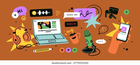 Podcast and music recording elements set. Different sound, audio media equipment- microphone, earphones, phone app. Broadcast items- mic, laptop, headphones. Isolated flat graphic vector illustrations
