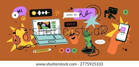 Podcast and music recording elements set. Different sound, audio media equipment- microphone, earphones, phone app. Broadcast items- mic, laptop, headphones. Isolated flat graphic vector illustrations