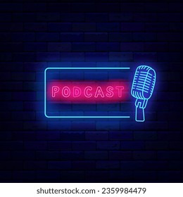 Podcast neon label. Live on air banner. Shiny frame with microphone. Record studio emblem. Streaming service. Light sign. Glowing typography. Editing text. Vector stock illustration