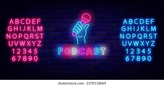 Podcast neon label. Live on air. Hand with microphone. Record studio emblem. Streaming service. Light sign. Shiny pink and blue alphabet. Editing text. Vector stock illustration