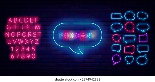 Podcast neon label. Live on air. Speech bubbles frames set. Record studio emblem. Streaming service. Light sign. Shiny pink alphabet. Editable stroke. Vector stock illustration