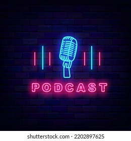 Podcast Neon Label. Shiny Typography. Bright Microphone With Sound Waves. Light Advertising. Simple Banner On Brick Wall. Radio Show. Live Streaming. Shiny Flyer. Vector Stock Illustration