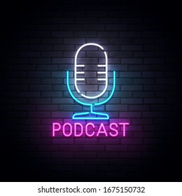 Podcast neon sign, bright signboard, light banner. Podcast logo neon, emblem and label. Vector illustration