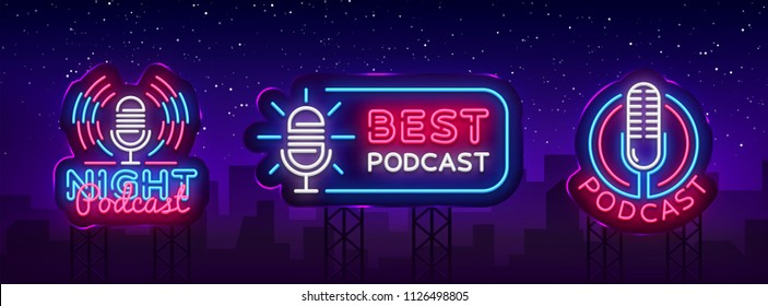 Podcast Neon sign collection vector design template. Podcast neon logo, light banner design element colorful modern design trend, night bright advertising, bright sign. Vector illustration. Billboard