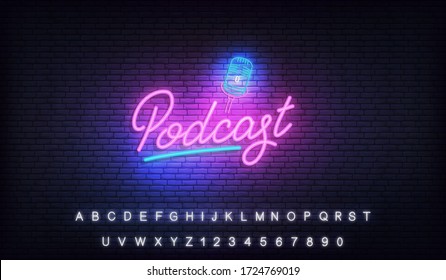 Podcast neon sign. Glowing podcast lettering template