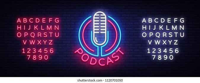 Podcast Neon sign vector design template. Podcast neon logo, light banner design element colorful modern design trend, night bright advertising, bright sign. Vector. Editing text neon sign