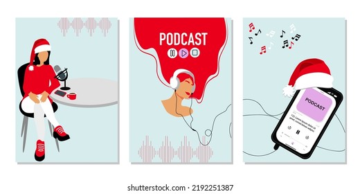 Podcast Concept Merry Christmas New Year Card. Top view Smartphone with an Application for listening podcasts on screen, Woman with Headphones Listening Music Podcast, Podcaster Speaking Mic 
