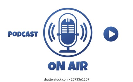 Podcast on air blue poster isolated on transparent background. podcast publication or cover, radio logo icon. Radio and voice. Vector illustrations