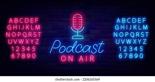 Podcast on air neon label. Microphone icon. Luminous blue and pink font. Streaming online. Radio show. Light sign. Night club logotype. Outer glowing effect signboard. Vector stock illustration