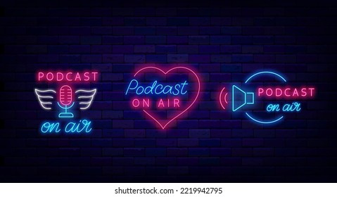 Podcast on air neon signs collection. Microphone icon with wings. Heart frame. Streaming online. Radio show. Light sign. Night club logotype. Glowing signboards set. Vector stock illustration
