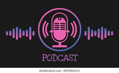 Podcast on air pink poster isolated on dark background. podcast publication or cover, radio logo icon. Radio and voice. Vector illustrations