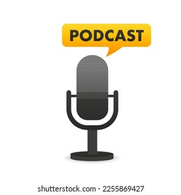 Podcast on air. Voice Chat. The microphone icon. Podcast radio icon. Studio microphone with webcast. Audio record concept. Studio Microphone Table Podcast. Podcast banner. Vector illustration