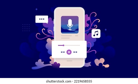 Podcast on mobile phone screen - Smartphone playing audio entertainment with decorative floral design elements. Flat design vector illustration with dark background