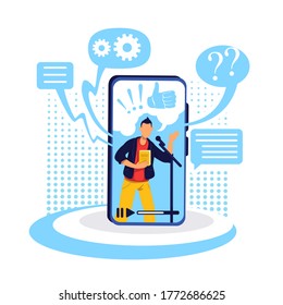 Podcast on smartphone flat concept vector illustration. Conversational show on internet. Popular content creator. Online show host 2D cartoon character for web design. Webinar creative idea