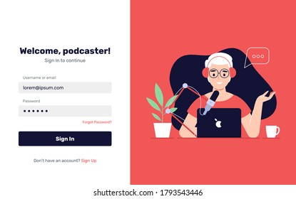 Podcast Onboarding Page Template. Man Character Making Podcast Internet Digital Recording for Online Broadcasting. Flat Cartoon Vector Illustration for Website Page. - Vector