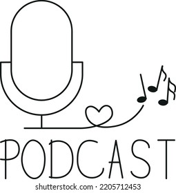 Podcast One Line Drawing Microphone And Musical Notes, Minimalist Drawing Icon Logo Outline