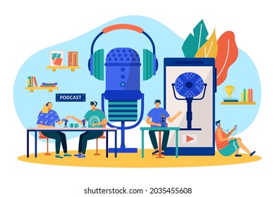 Podcast, online radio technology, vector illustration. Microphone to record audio, flat people character work at entertainment media.