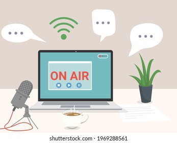 Podcast Online show radio broadcasting podcasting in internet website Radio host workplace