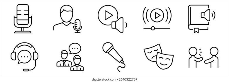 Podcast outline icon set. Set of 10 outline icons related to podcast. Containing microphone, radio, webcast, broadcast, audio, channel, video, headphones, news, and more. Vector Illustration.