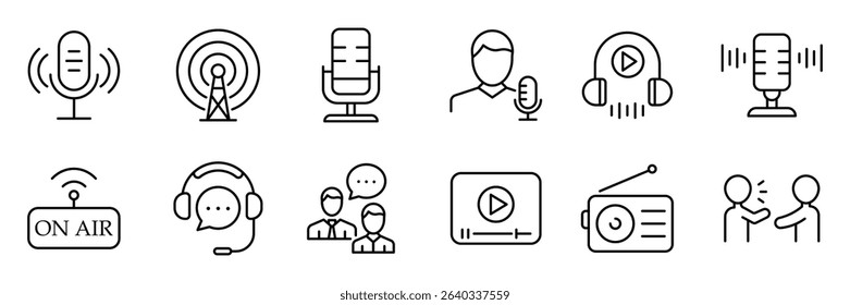 Podcast outline icon set. Set of 12 outline icons related to podcast. Containing microphone, radio, webcast, broadcast, audio, channel, video, headphones, news, and more. Vector Illustration.