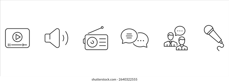 Podcast outline icon set. Set of outline icons related to podcast. Containing microphone, radio, webcast, broadcast, audio, channel, video, headphones, news, and more. Vector Illustration.