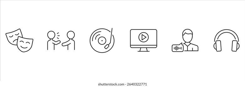 Podcast outline icon set. Set of outline icons related to podcast. Containing microphone, radio, webcast, broadcast, audio, channel, video, headphones, news, and more. Vector Illustration.