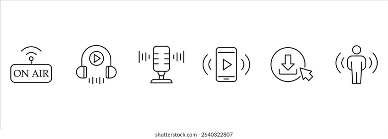 Podcast outline icon set. Set of outline icons related to podcast. Containing microphone, radio, webcast, broadcast, audio, channel, video, headphones, news, and more. Vector Illustration.