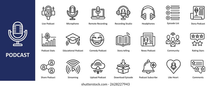 Conjunto de íconos de Vector de contorno de podcast: Colección mínima de símbolos de medios de audio. Conjunto de iconos de podcast
