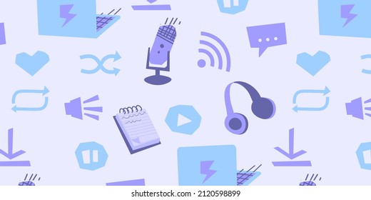 Podcast-Muster. Eine Sammlung von Podcast-Zeichen: Laptop, Mikrofon, Kopfhörer, Pause, Start, Lautstärke. Handgezeichnete Vektorelemente.