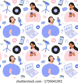 Podcast pattern, hand drawn collage illustration with podcast hosts and listeners with blogging and vlogging equipment for podcast show, microphones, notebook, vector seamless background