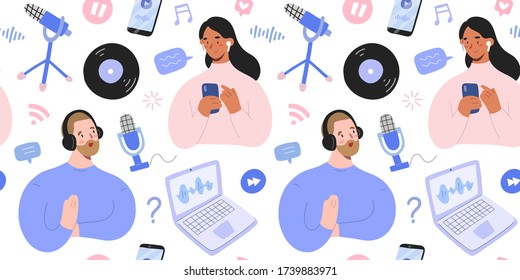 Podcast pattern, hand drawn collage illustration with podcast hosts and listeners with blogging and vlogging equipment for podcast show, microphones, notebook, vector seamless background