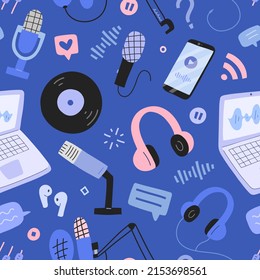 Podcast pattern, seamless texture, various microphones, mic, headset, speaker, headphones, stylized doodle icons, internet broadcasting, sound recording, streaming vector background.