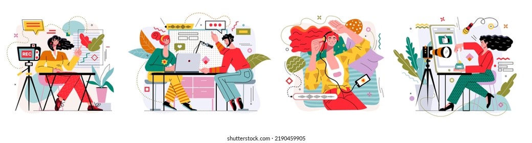 Podcast, people listen music or radio. Record voice interview, talk about, relax audio broadcast, man and woman recording in studio. Earphones and microphone. Vector cartoon flat set - Shutterstock ID 2190459905