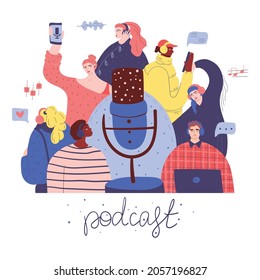 Podcast people with telephones, microphone