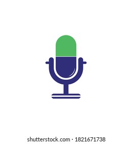 Ilustración del logotipo del vector de la cápsula de la píldora de podcast. Plantilla de diseño de logotipo de podcast y cápsulas	
