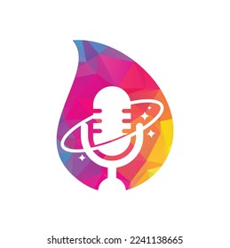 Diseño de logotipo vectorial de forma de caída de planeta podcast. Diseño del logo del podcast en un espacio creativo.