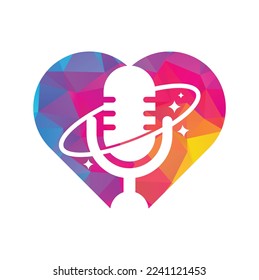 Podcast planet heart shape concept vector logo design. Creative space podcast logo design.