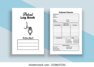 Podcast planner journal interior. Radio station regular activity checker and sponsor list log book template. Interior of a journal. Podcast daily topic planner and guest info tracker interior.