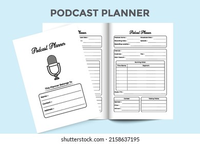 Podcast planner journal interior. Regular podcast information tracker and show management notebook template. Interior of a logbook. Daily podcast topic checker and hosting info tracker.