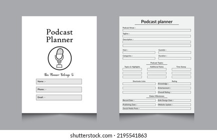 Podcast planner KDP interior journal. Regular podcast information tracker and show management notebook template Vector design