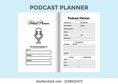 Podcast planner log book interior. Daily podcast topic checker and information journal template. Interior of a notebook. Podcast hosting planner and guest information logbook interior.